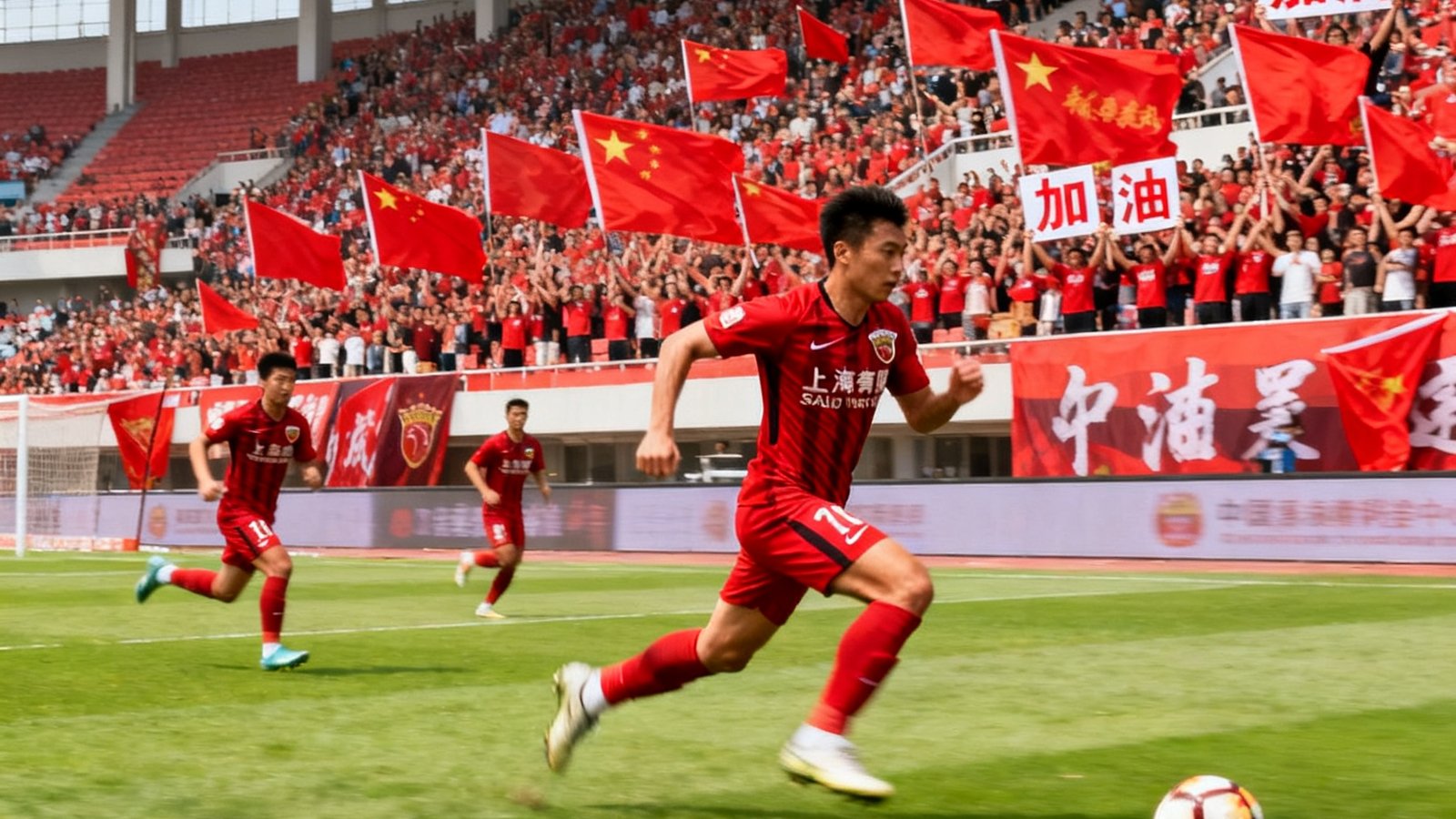 中超联赛直播画面，国内球场氛围热烈，红色主场球队正在发动快速反击，看台上球迷挥舞旗帜